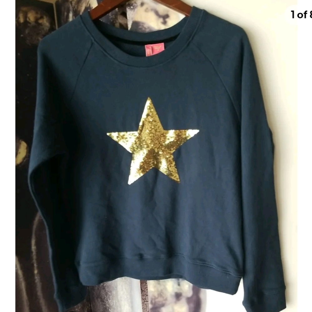 CHARLOTTE TARANTOLA Long Sleeve Round Neck Blue Gold Sequins Pullover Sweater M